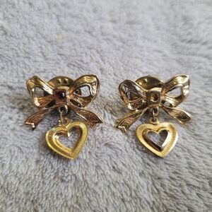 Gold Bow and Heart Drop Earrings - Gold Tone